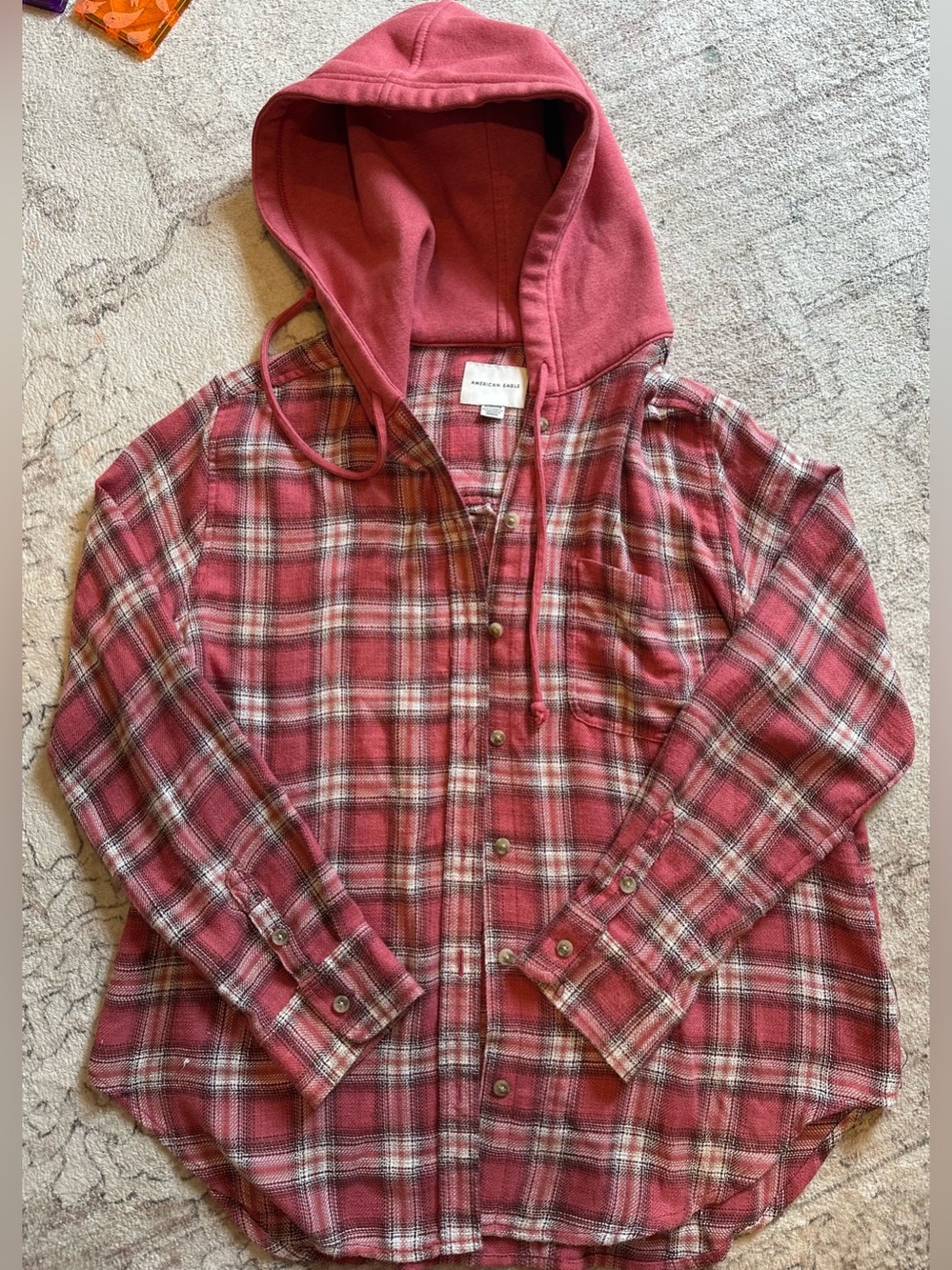 American Eagle Maroon Plaid Hooded Button-Front Shirt